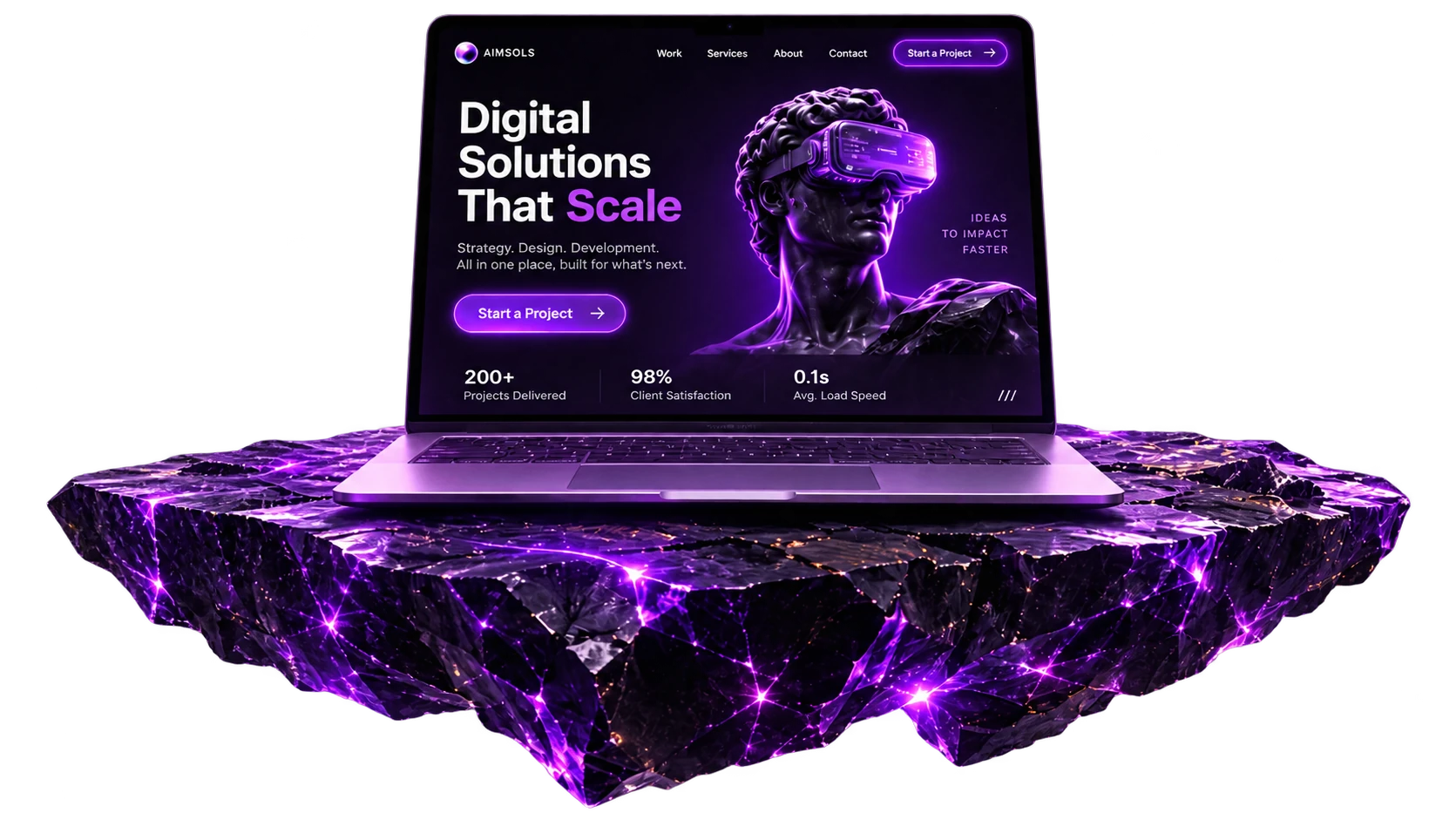 Interactive showcase laptop on obsidian floating rock