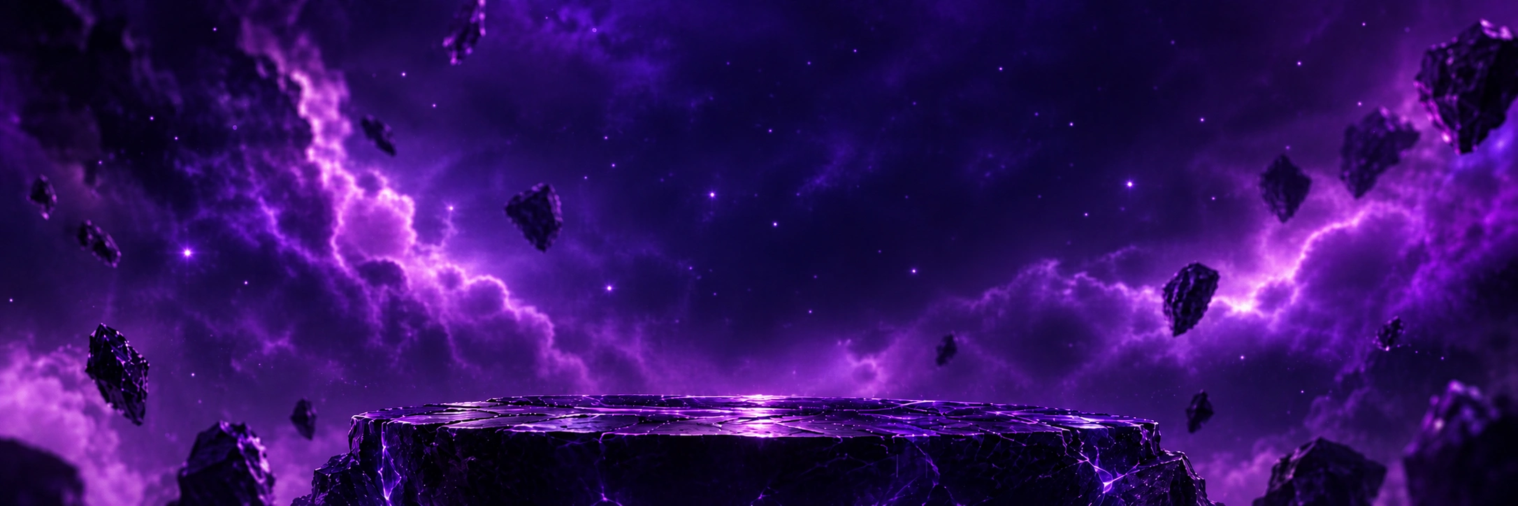 Cosmic obsidian stone platform in space nebula